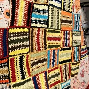 Wonderful vintage 70s-80s hand made knit - crochet octagon like throw. Measures